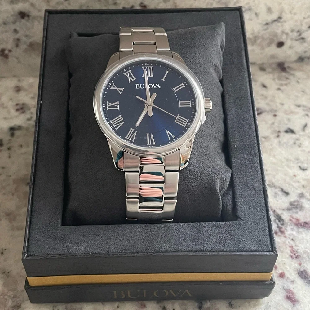 Bulova Men’s Classic Silver Watch with Blue Dial Style 96A228 BRAND NEW IN BOX - Picture 2 of 8